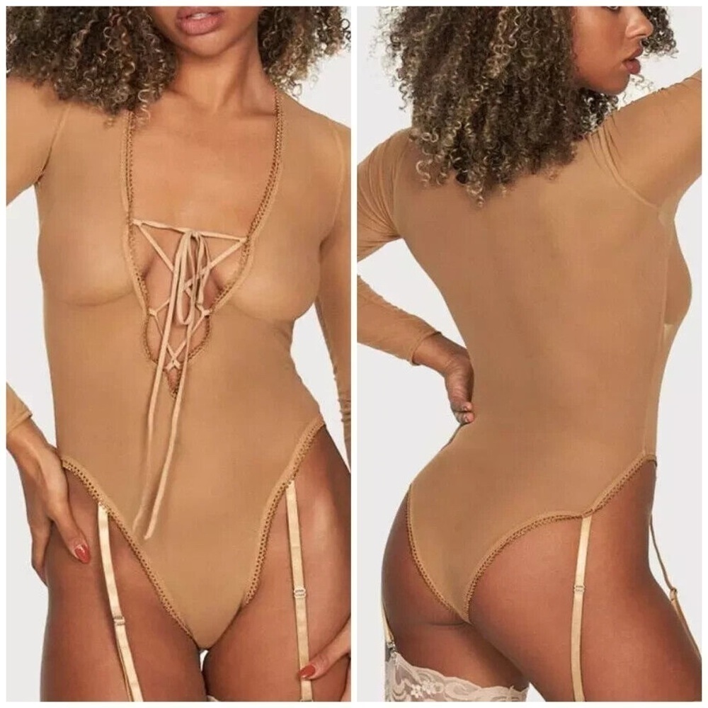 NWT Frederick’s of Hollywood Lola Lee Nude Mesh Teddy, Lace-Up, Garter Straps, S